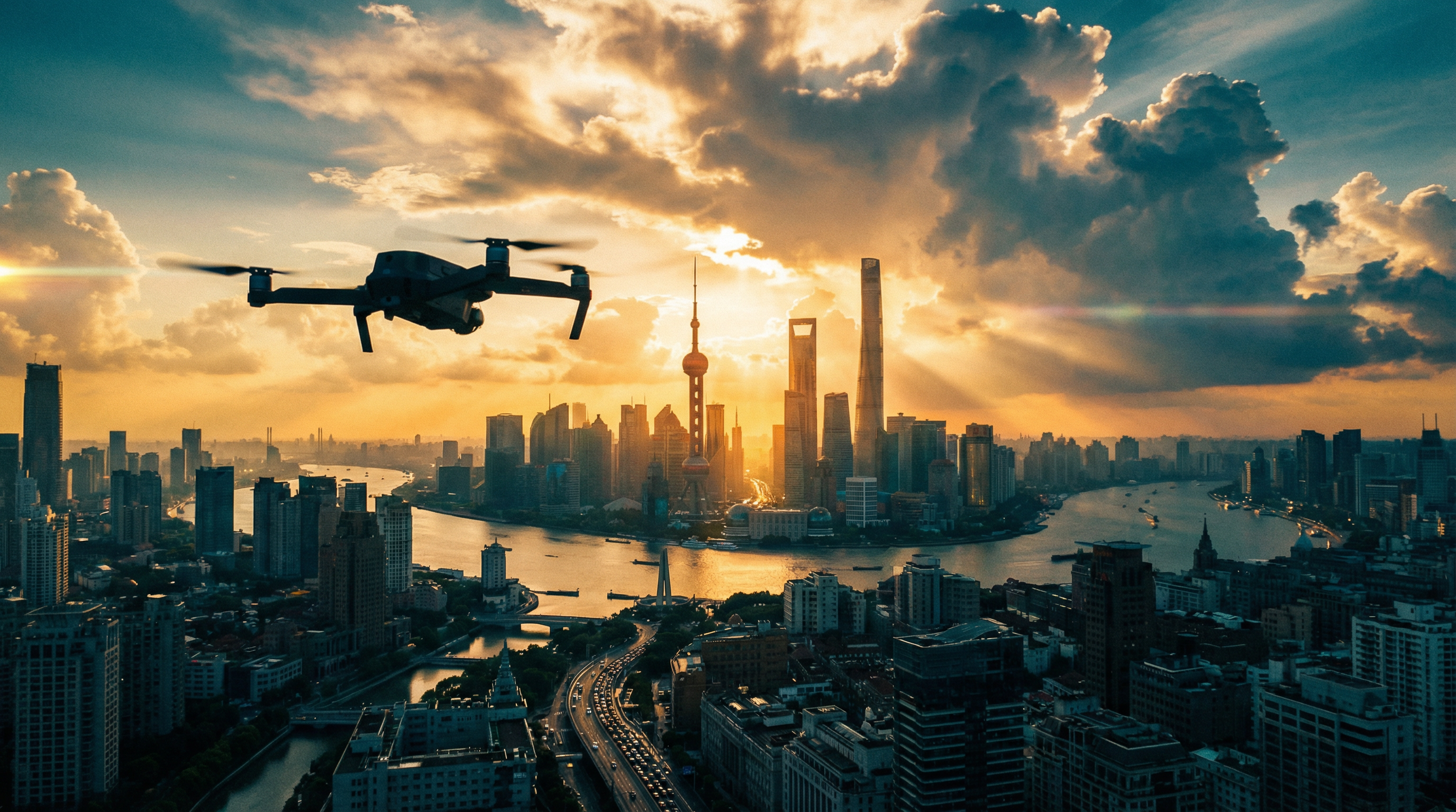 Drone flying over Shanghai skyline at sunset